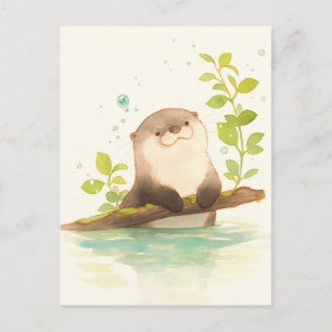 苔むした枝に佇む優しい水彩のラッコ ポストカード