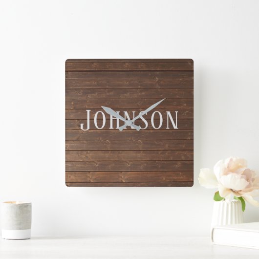 苗字のオーク材 スクエア壁時計 (ホーム)