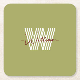 苗字ナチュラルカラフルオリーブグリーンモノグラム スクエアペーパーコースター