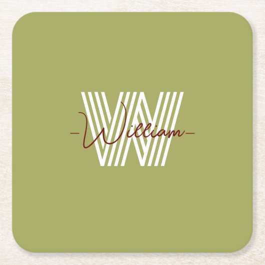 苗字ナチュラルカラフルオリーブグリーンモノグラム スクエアペーパーコースター (正面)