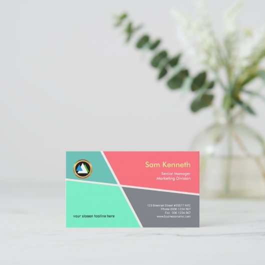 若々しく精力的でカラフルで幾何学的なマーケティング 名刺 (スタンド正面)