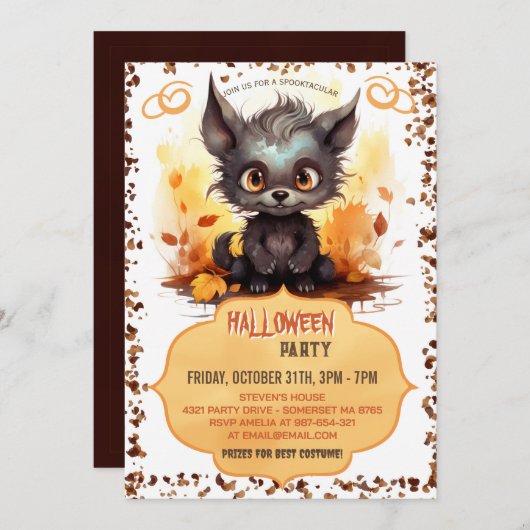 若いおもしろい人狼とカボチャの水色 招待状 (正面/裏面)