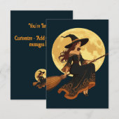 若いゴス魔女がほうきにまたがったベクターアート 招待状 (正面/裏面)