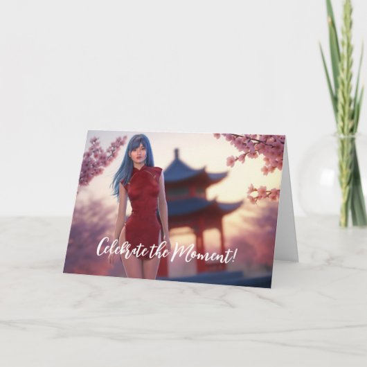 若いチョンサム美しい中国の新年ポーズ カード (正面)