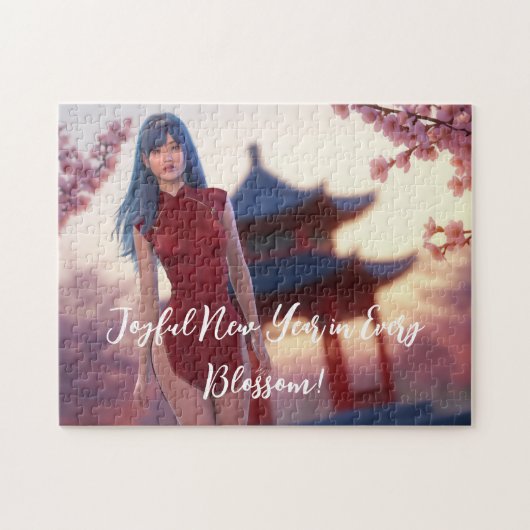 若いチョンサム美しい中国の新年ポーズ ジグソーパズル (横)