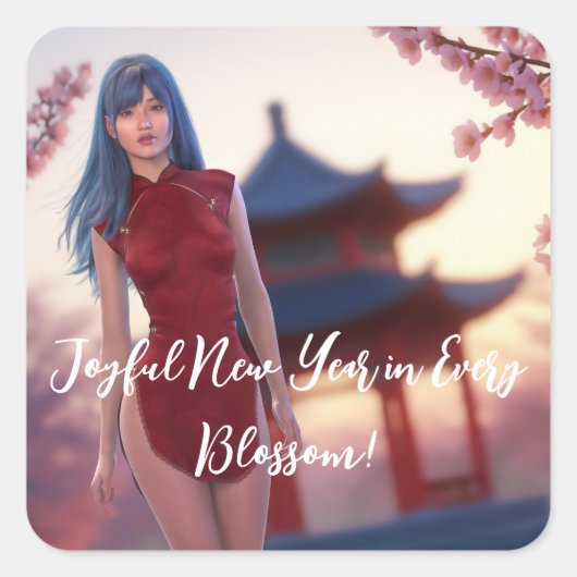 若いチョンサム美しい中国の新年ポーズ スクエアシール (正面)