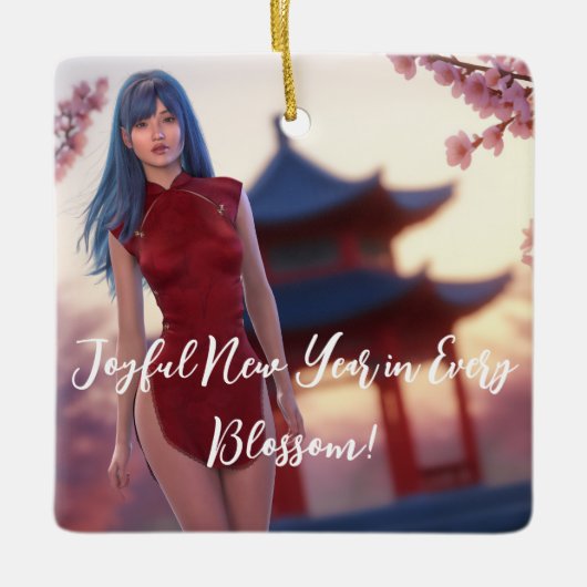 若いチョンサム美しい中国の新年ポーズ セラミックオーナメント (正面)