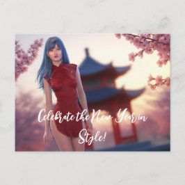 若いチョンサム美しい中国の新年ポーズ ポストカード