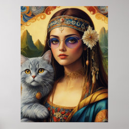 若いヒッピーのモナ・リザと彼女の灰色の猫 ポスター