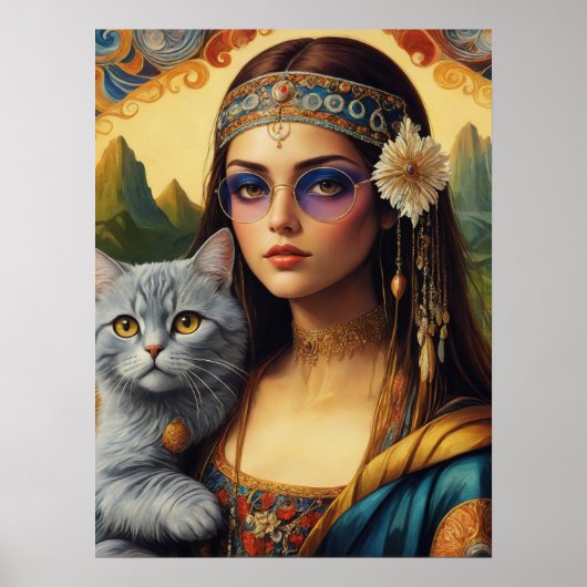 若いヒッピーのモナ・リザと彼女の灰色の猫 ポスター (正面)