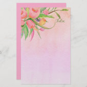 若いピンクと開花文房具パーソナライズされた 便箋 (正面/裏面)