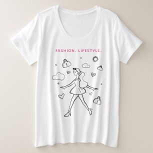 若いファッションの女の子 – 黒、白、ピンクのスケッチ プラスサイズTシャツ