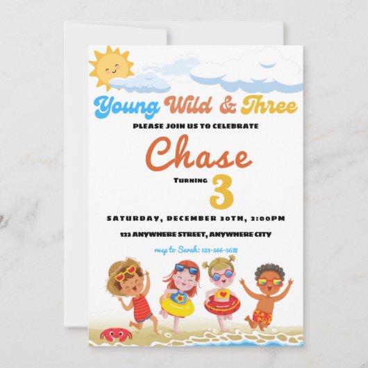 若いワイルドと3人のビーチ誕生日パーティー 招待状 (正面)