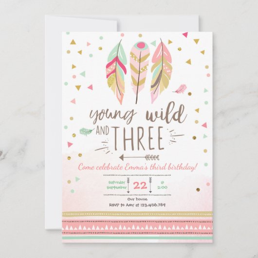 若いワイルドと3招待状ガールピンク金ゴールド3rd 招待状 (正面)