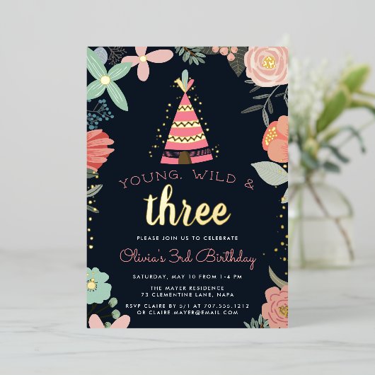 若いワイルドと3歳の誕生日パーティー 箔招待状 (立ち正面)