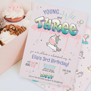 若いワイルドスリーユニコーン虹の女の子3rd誕生日 招待状