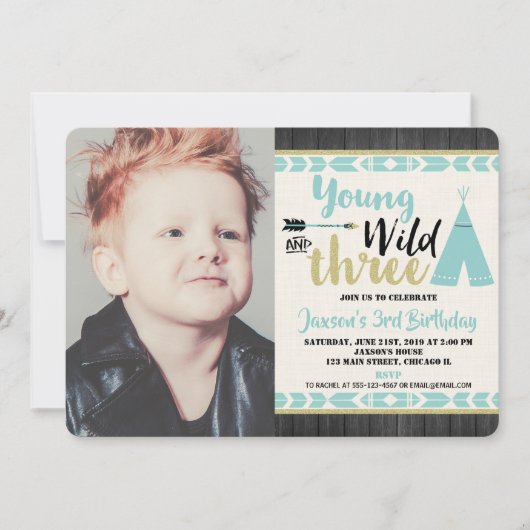 若いワイルド3ティール(緑がかった色)金ゴールド写真の招待ボーイ 招待状 (正面)