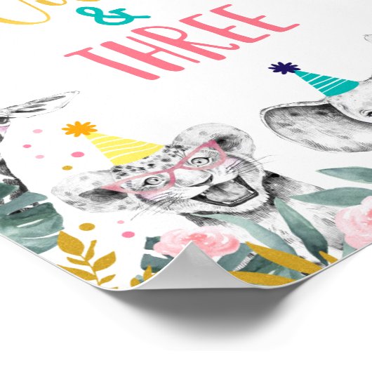 若いワイルド&スリーピンクパーティー動物誕生日標識 ポスター (角)