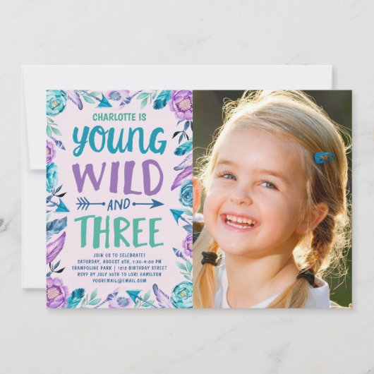 若いワイルド&スリーボーホーの誕生日パーティーの写真 招待状 (正面)