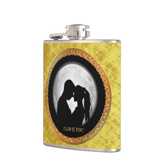 若い夫婦の黒いシルエットキスをするがお互い フラスク (左)