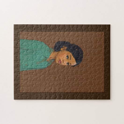 若い女かわいらしの子の茶色の肌の緑のシャツ ジグソーパズル (横)