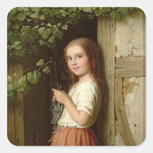 若い女の子が戸口に立って編み物, 1863 スクエアシール