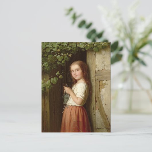 若い女の子が戸口に立って編み物, 1863 ポストカード (スタンド正面)