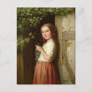 若い女の子が戸口に立って編み物, 1863 ポストカード
