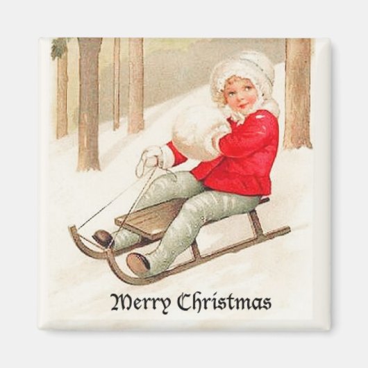 若い女の子そりヴィンテージ磁石 マグネット (正面)