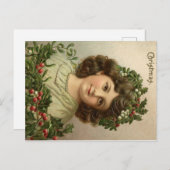 若い女の子の美しい古いクリスマスリトグラフ ポストカード (正面/裏面)
