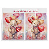 若い女の子の誕生日クマ追加の名前と年齢 ラージペーパーバッグ (正面)