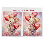 若い女の子の誕生日クマ追加の名前と年齢 ラージペーパーバッグ (裏面)