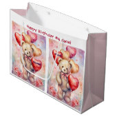 若い女の子の誕生日クマ追加の名前と年齢 ラージペーパーバッグ (正面アングル)