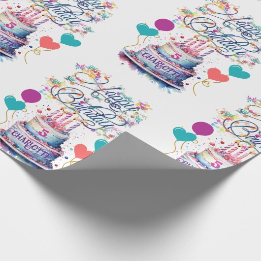 若い女の子の誕生日名前を追加エージケかわいらしーキ ラッピングペーパー (角)