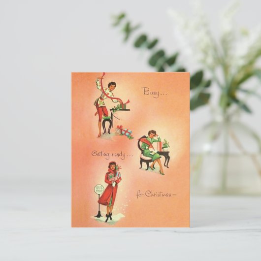若い女の子はクリスマスの準備をしている、ヴィンテージ ポストカード (スタンド正面)