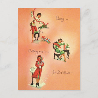 若い女の子はクリスマスの準備をしている、ヴィンテージ ポストカード