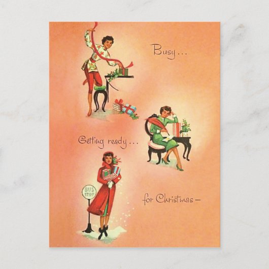 若い女の子はクリスマスの準備をしている、ヴィンテージ ポストカード (正面)