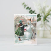 若い女の子は雪だるま、ヴィンテージ休日を作っている ポストカード (スタンド正面)