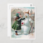 若い女の子は雪だるま、ヴィンテージ休日を作っている ポストカード (正面/裏面)