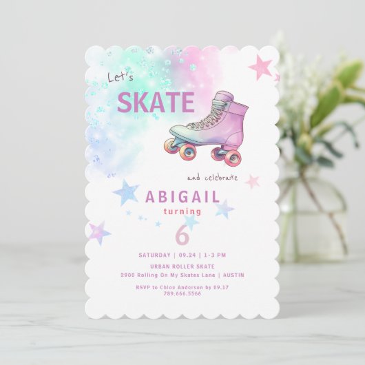 若い女の子ローラースケートで滑る誕生日パーティー 招待状 (スタンド正面)