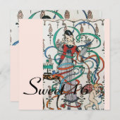 若い女の子，カラフルリボン甘い16パーティーブルー 招待状 (正面/裏面)