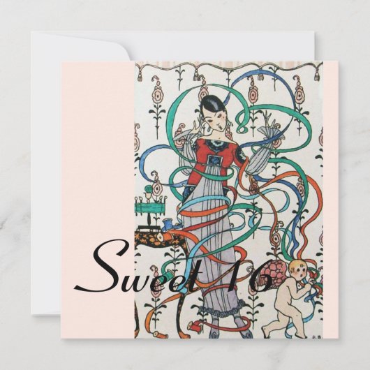 若い女の子，カラフルリボン甘い16パーティーブルー 招待状 (正面)