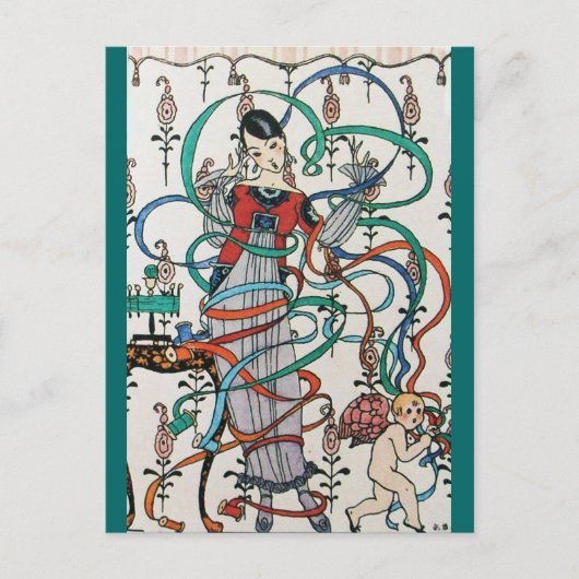 若い女の子，リカラフルボン渦巻き，かわいいバレンタイン シーズンポストカード (正面)