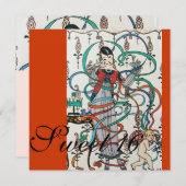 若い女の子，リボカラフルンズスウィート16パーティーオレンジ 招待状 (正面/裏面)