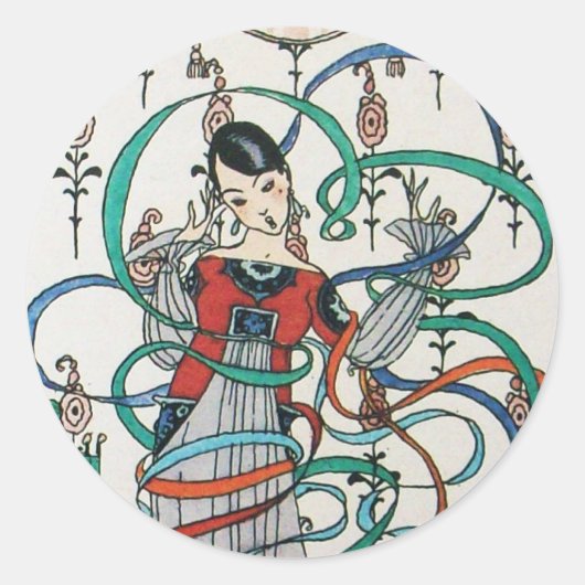 若い女の子，リボンカラフル渦巻き，キューピッド誕生日 ラウンドシール (正面)