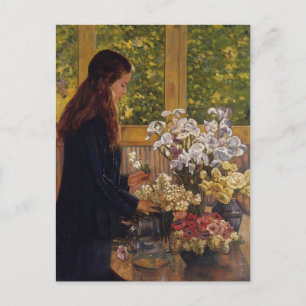 若い女の子、花の花瓶by Theo Rysselberghe ポストカード
