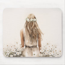 . .若い女性のデイジー畑の水色