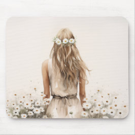. .若い女性のデイジー畑の水色 マウスパッド