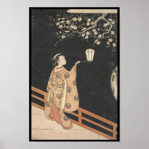 若い女性の敬服の念に満ちたプラムは夜芸術で開きます ポスター