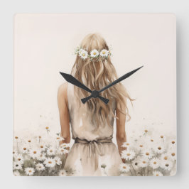 若い女性の水色のデイジー場 スクエア壁時計